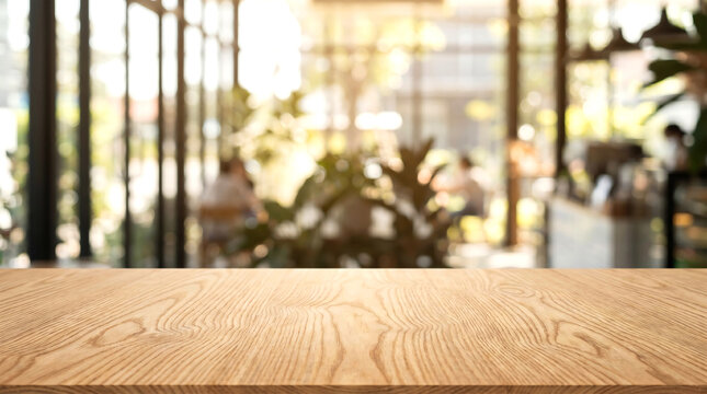 Empty wooden table surface mockup for food display in blurred bright cafe interior background with sunset light