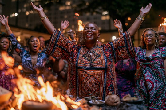 Participants Enthusiastically Dancing Around a Central Fire During an Intimate Voodoo Ceremony, Embracing Cultural Heritage and Spiritual Connection