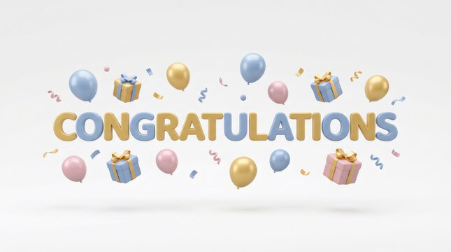 Congratulations banner with balloons and gifts, celebration and success concept