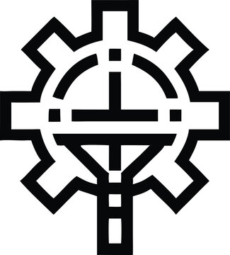 Stylized black outline icon representing a gear and an internal circular progress or clock element