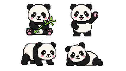 Cute pixel art panda characters in four different poses © Andrei