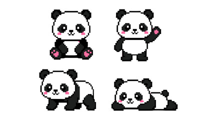 Cute pixel art panda characters set in retro 8 bit style © Andrei