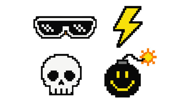 Pixel art sticker set with sunglasses skull bolt and bomb