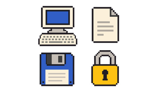 Pixel art computer, document, floppy disk and padlock icons