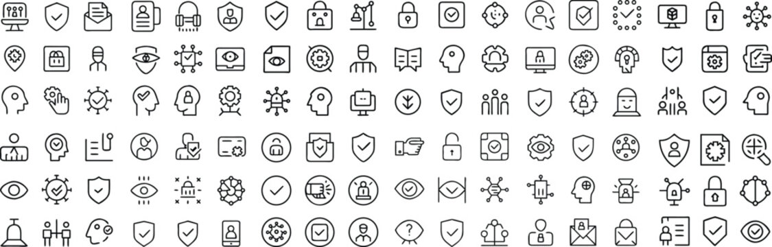 A collection of digital icons represents various aspects of security, data protection, and user privacy, presented in a clean, modern line art style.