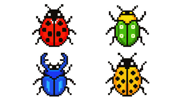 Set of four pixel art beetle and ladybug insect icons