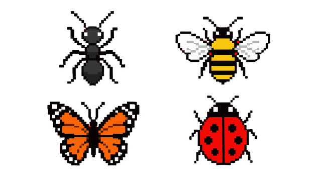 Pixel art insect icon set with ant bee butterfly and ladybug