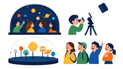 Children exploring astronomy exhibits and telescope illustration © Andrei