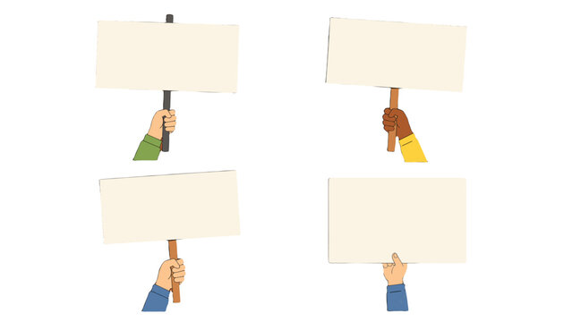 Four hands holding blank protest placards on white background