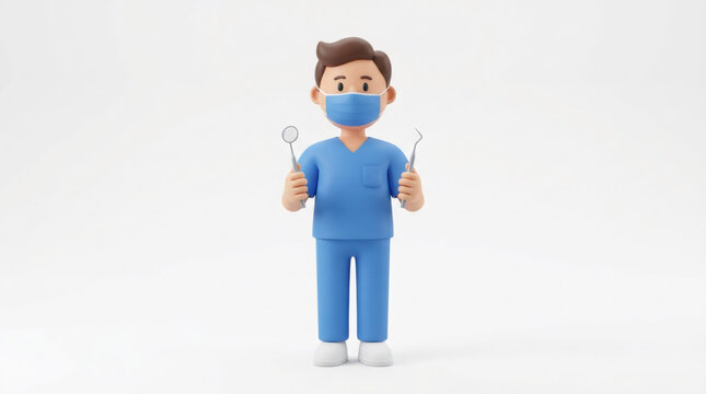 3D cartoon dentist character holding dental tools