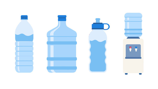 Set of plastic water bottles and cooler dispenser illustration