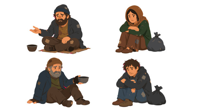 Homeless men and woman sitting with bags and begging bowls