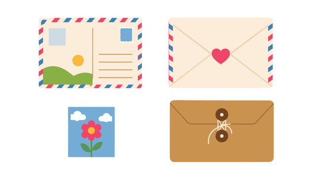 Set of postcards, envelopes and postage stamp in flat style