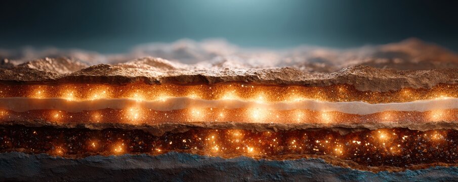 The geopolitical concept of rare earth minerals. Cross-sectional digital illustration showcasing Earth's layered interior with glowing molten core and rocky crust.