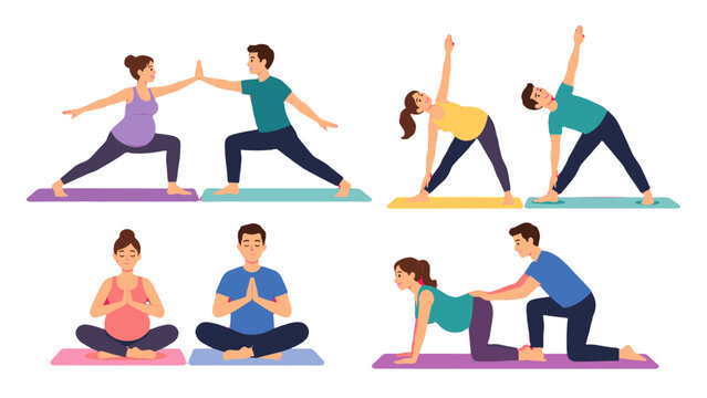 Pregnant couples practicing prenatal yoga poses in class