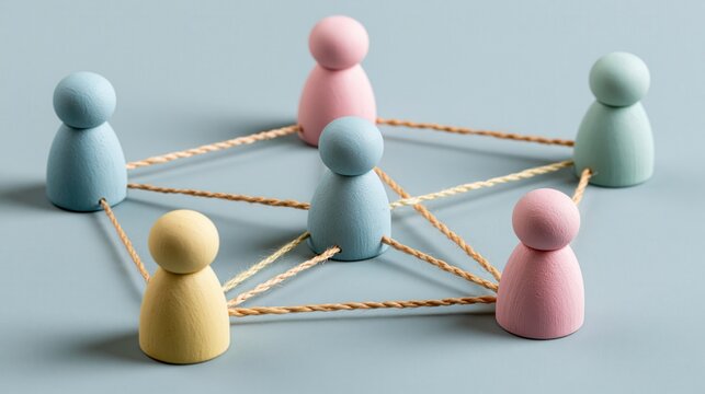 Pastel wooden peg dolls connected by strings representing global communication and networking.
