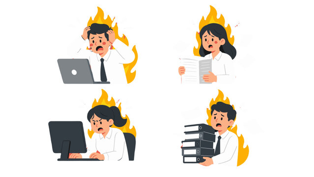 Office workers under stress with flames in cartoon vector set