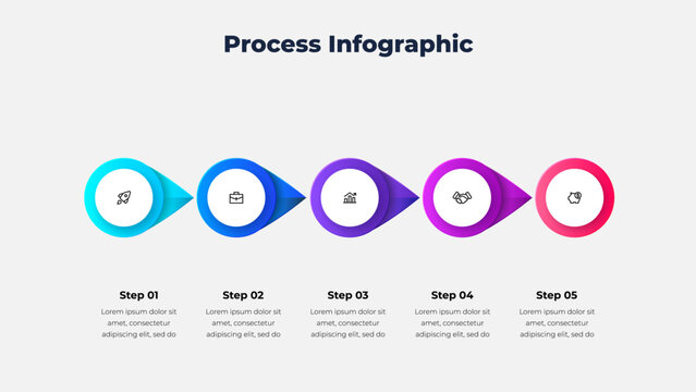 Five Step Horizontal Arrow Process Infographic with Circle Markers for Business Workflow and Timeline Planning