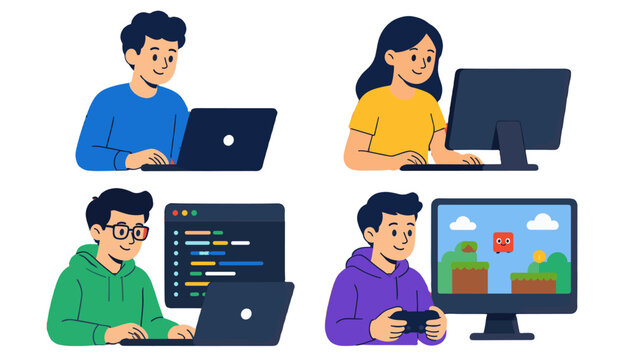 Cartoon developers and game designer working at computers