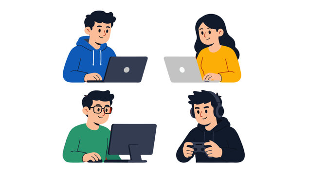 Cartoon people using laptops, desktop computer and game controller