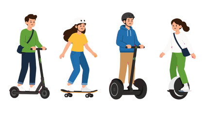 People riding personal electric vehicles and skateboard vector © Andrei