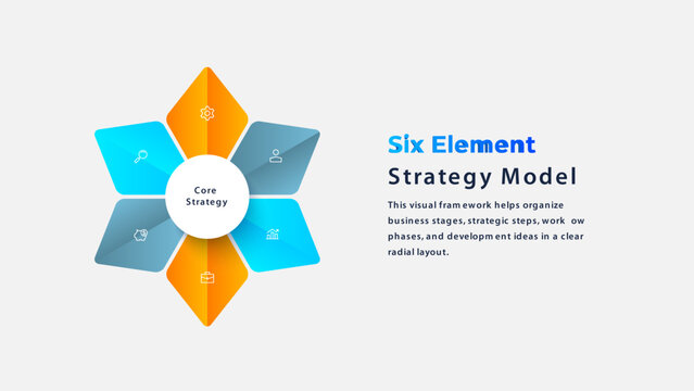 Six Element Radial Strategy Model Infographic with Star Segments for Business Planning and Workflow Presentation