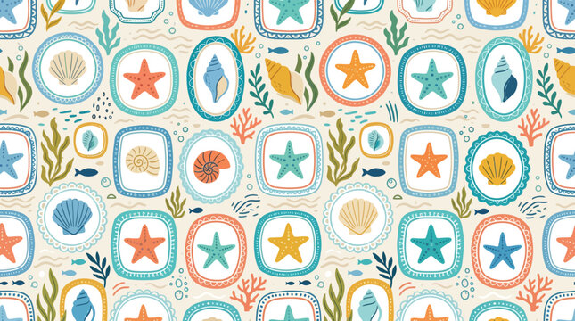 A colorful seamless pattern featuring hand drawn seashells and starfish elements