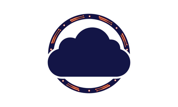 Minimalist cloud computing icon with dark blue cloud silhouette and circular electronic circuit board layout technology symbol