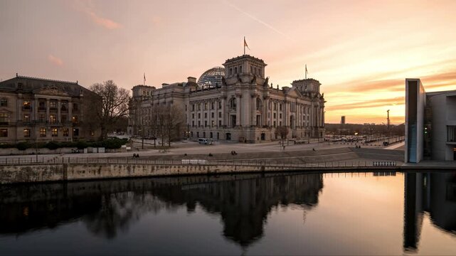 Reichstag building in Berlin and the Spree river timelapse from day to night with building reflections in the water