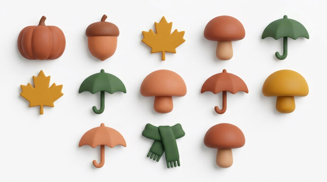 Autumn objects collection including pumpkins, leaves, mushrooms and umbrella on white background