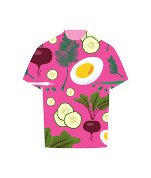 T-shirt decorated with cold beet soup chlodnik ingredients isolated on white background