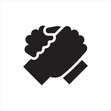 Handshake of two people icon in flat design style. Simple black logo for brotherly support, meeting, armwrestling, business teamwork concept image. Contour arm silhouette. Vector illustration