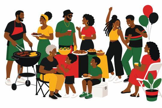 Flat vector illustration of a festive outdoor Juneteenth barbecue where African American family and friends are gathering around a grill in a sunny park to celebrate freedom and community.