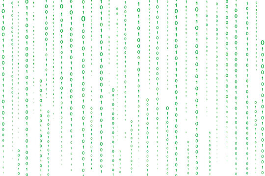 Seamless vector pattern of green binary code digits falling like rain on a dark background, representing digital matrix data stream, cyberspace technology, hacking, and computer programming coding.