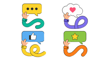 Obraz premium Doodle hands holding colorful speech bubbles with social icons