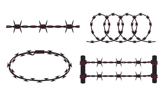Barbed wire and razor wire border elements set