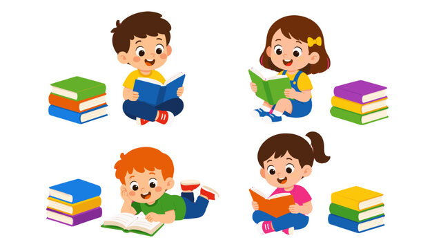 Cartoon children reading books with colorful book stacks