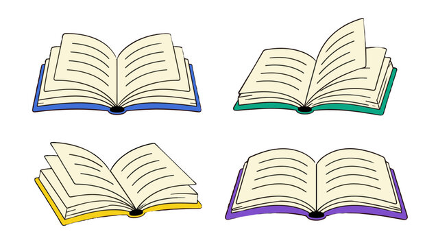Set of four open book illustrations with colorful covers