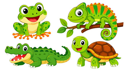 Naklejka premium Cartoon reptile and amphibian animals set on white background