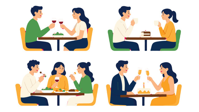 People dining and drinking together at restaurant tables