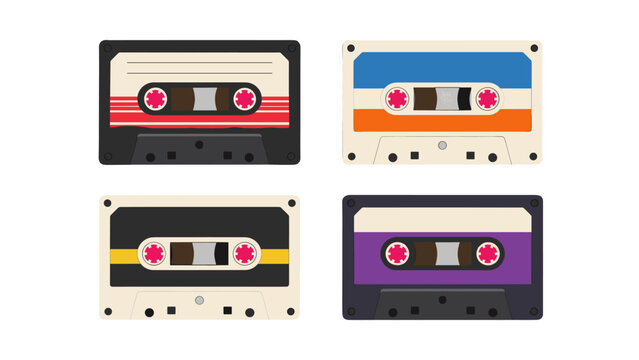 Set of four retro audio cassette tapes in flat vector style
