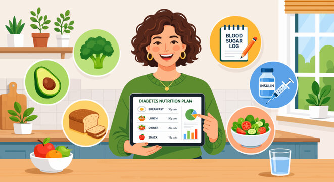 Woman holding digital tablet with diabetes nutrition plan and healthy food icons in a kitchen illustration