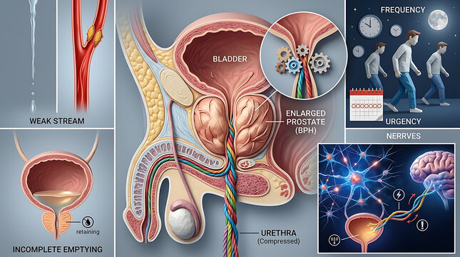 Medical illustration of an enlarged prostate gland depicting benign prostatic hyperplasia within the male reproductive anatomy showing the urinary tract system and health conditions.