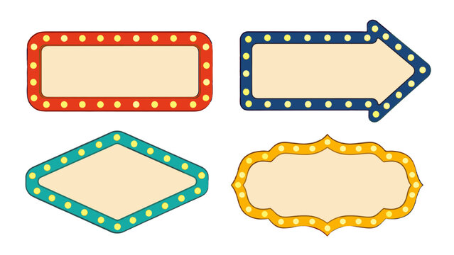 Set of retro marquee sign frames with glowing light bulbs