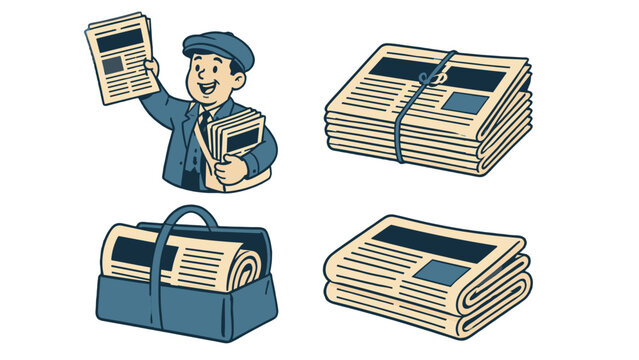 Retro newspaper delivery and stacked papers vector illustration set