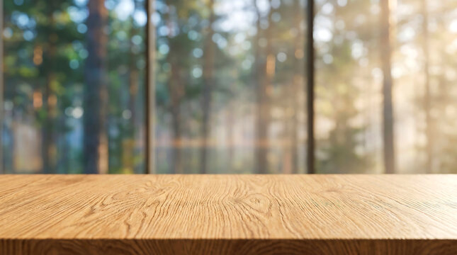 Wooden desk surface mockup for product display in blurred forest background with pine trees and morning sunset light