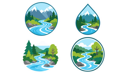 Set of river landscape badges with mountains and forest