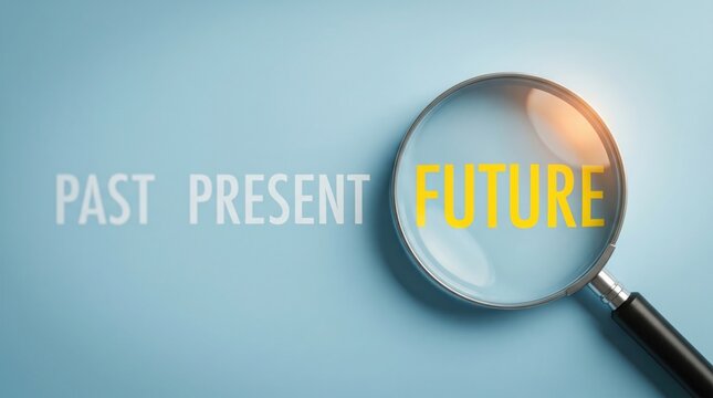 Magnifying glass focused on the word FUTURE with PAST and PRESENT in the background, symbolizing foresight and planning