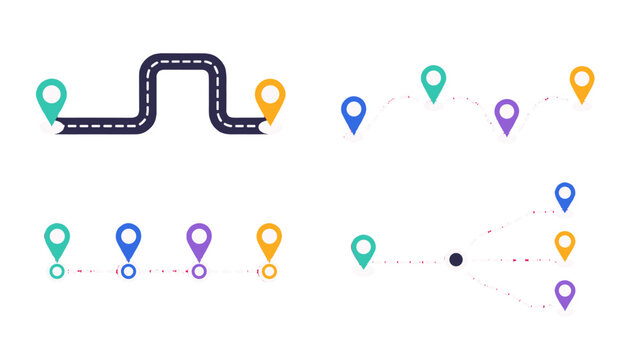 Vector route and timeline set with dashed paths and map pins