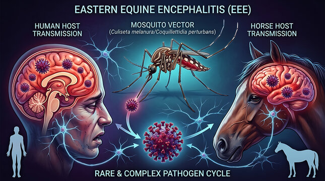 Scientific illustration of Eastern Equine Encephalitis virus EEE pathogen showing transmission via infected mosquito vector causing rare zoonotic disease affecting human and horse biological health.